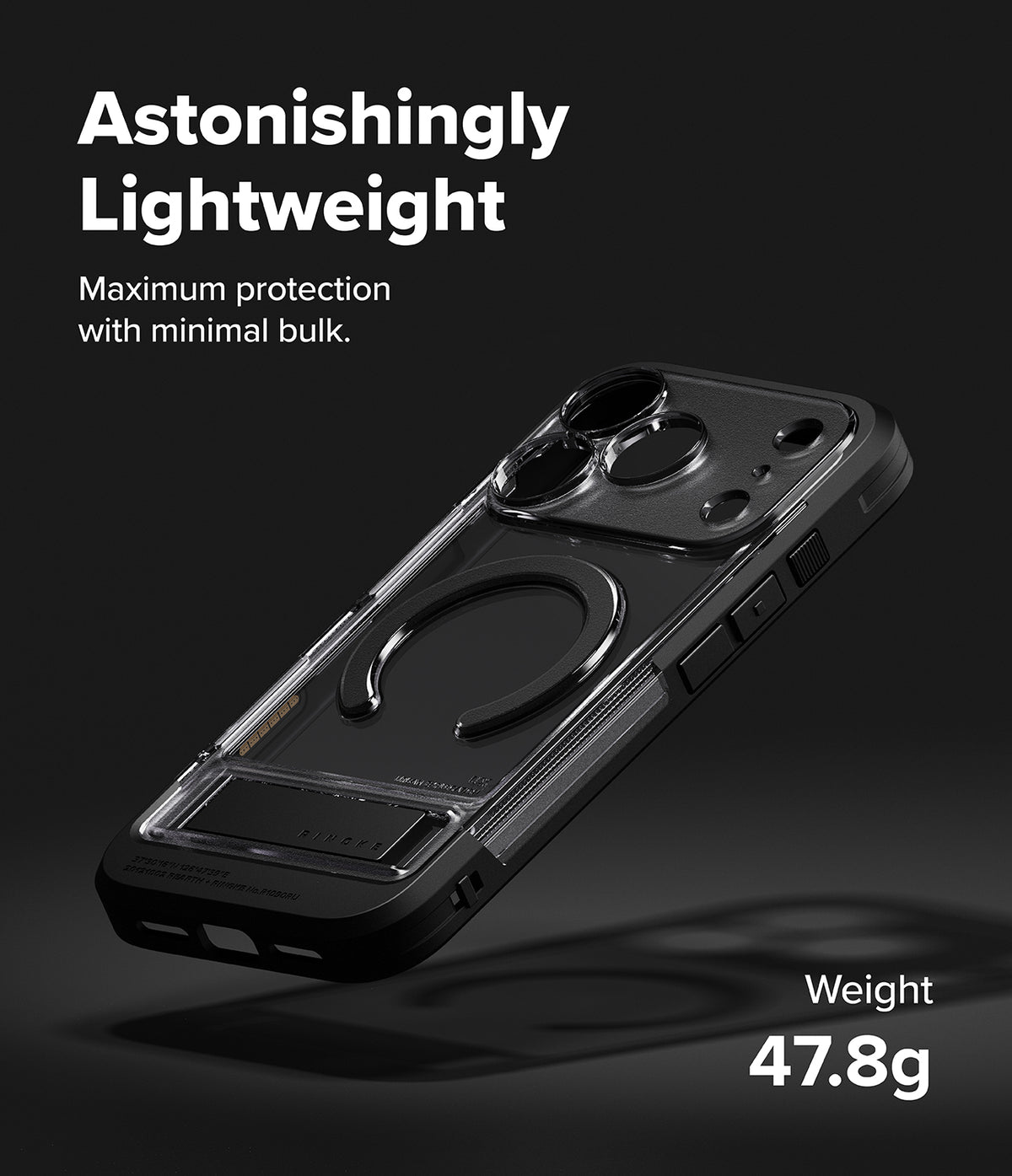 iPhone 18 Pro Max Case | UX Magnetic - A clear and black protective phone case with a circular MagSafe ring, shown floating at an angle on a dark background with promotional text reading 'Astonishingly Lightweight' and 'Weight 47.8g'.