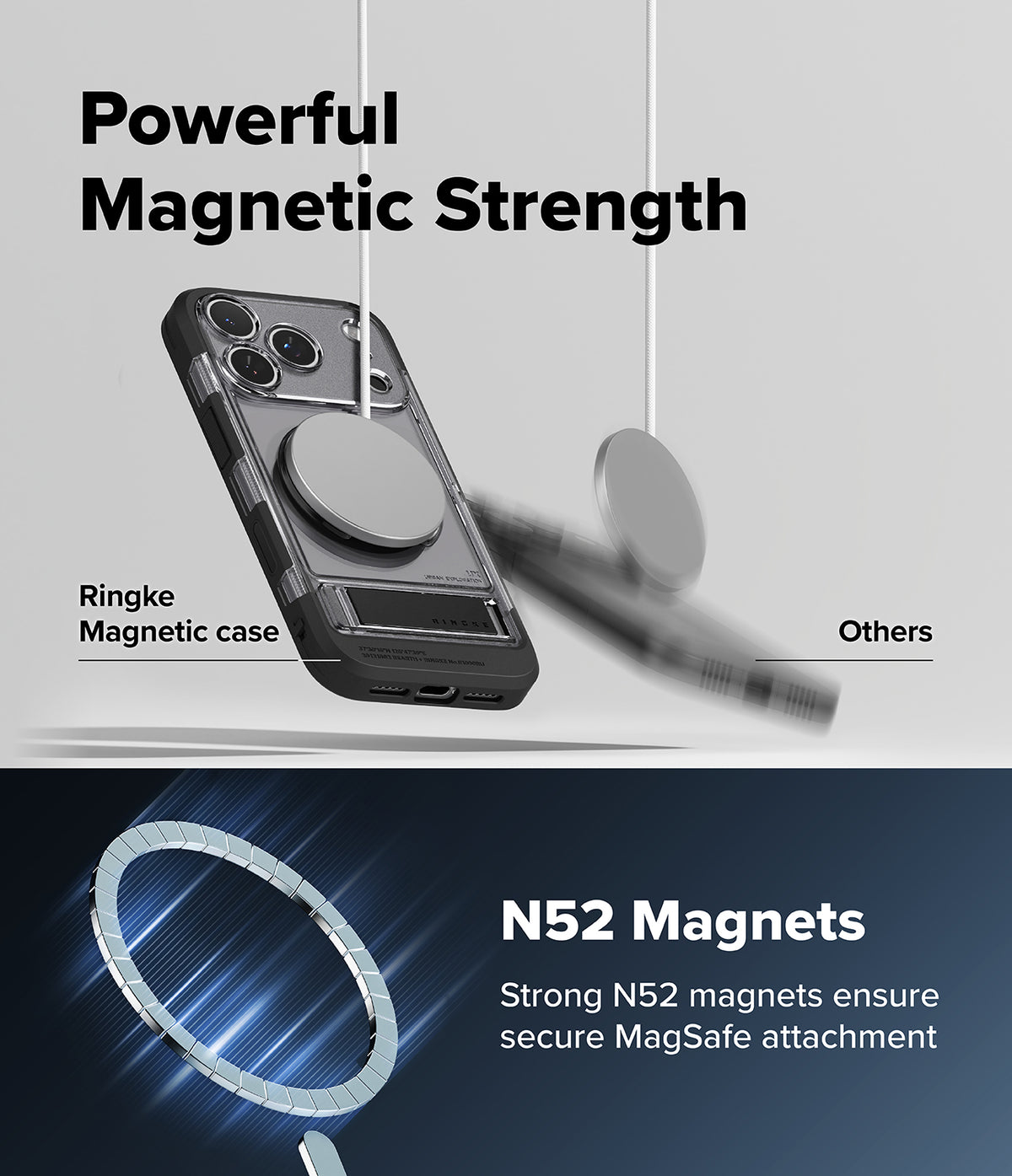 iPhone 18 Pro Max Case | UX Magnetic - Promotional graphic for a transparent magnetic phone case with a circular MagSafe ring. The top half shows the case floating with text reading 'Powerful Magnetic Strength' and labels the Ringke magnetic case versus generic 'Others.