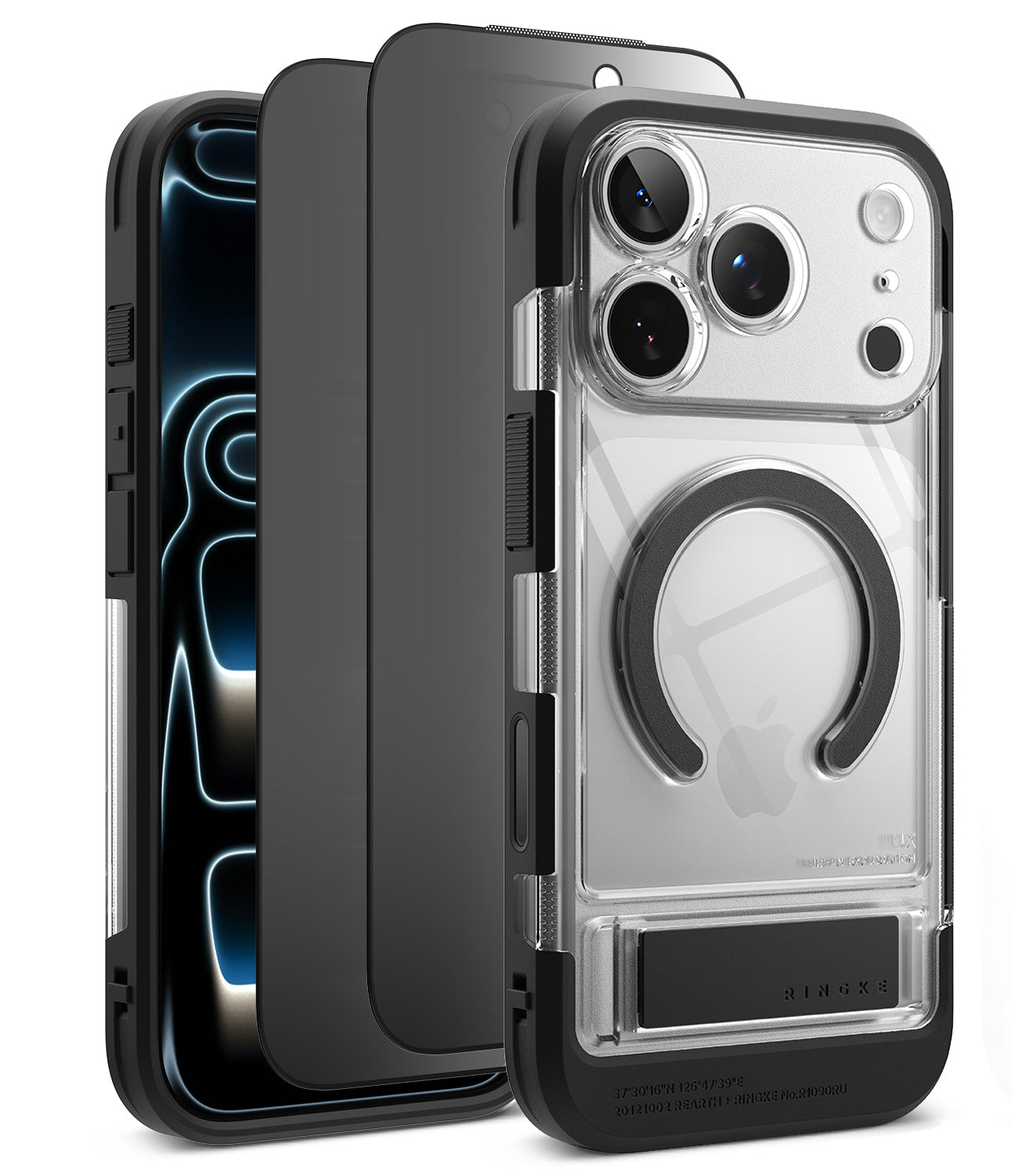 [Bundle] iPhone 18 Pro / Pro Max | UX Magnetic + Privacy Protectors - A clear and black protective phone case with a built-in circular ring stand, shown on a smartphone from the back. The image displays three views: a phone inside the case, the case itself, and a second phone showing the front-facing view through the transparent back of the case.