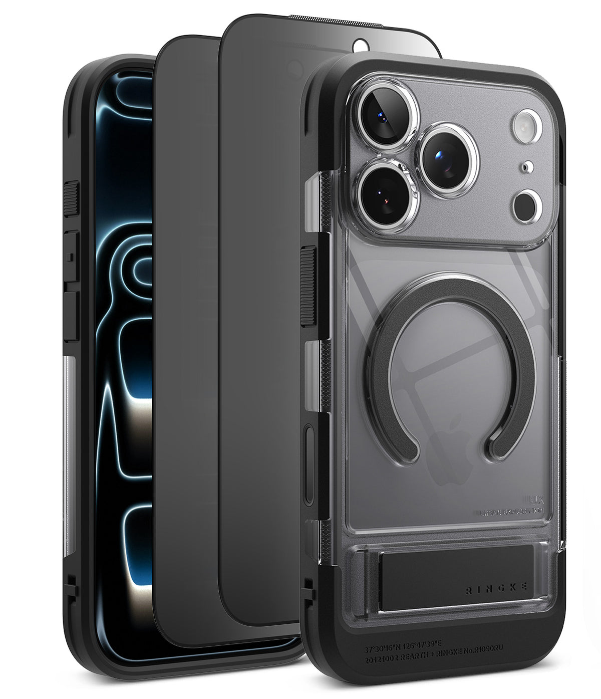 [Bundle] iPhone 18 Pro / Pro Max | UX Magnetic + Privacy Protectors - A clear protective phone case with a black bumper and a circular MagSafe ring, shown on a smartphone. The image displays three views of the case: a back view showing the MagSafe ring and camera cutouts, a side profile view, and a front view showing the transparent back panel.
