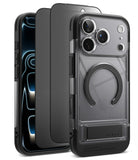 [Bundle] iPhone 18 Pro / Pro Max | UX Magnetic + Privacy Protectors - A clear protective phone case with a black bumper and a circular MagSafe ring, shown on a smartphone. The image displays three views of the case: a back view showing the MagSafe ring and camera cutouts, a side profile view, and a front view showing the transparent back panel.