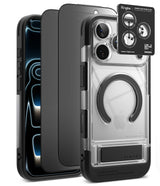[Bundle] iPhone 18 Pro / Pro Max | UX Magnetic + Privacy Protectors - Three views of a Ringke iPhone case on a white background, showing the black back, the clear side, and the back with a transparent camera lens protector and a black magnetic ring stand.