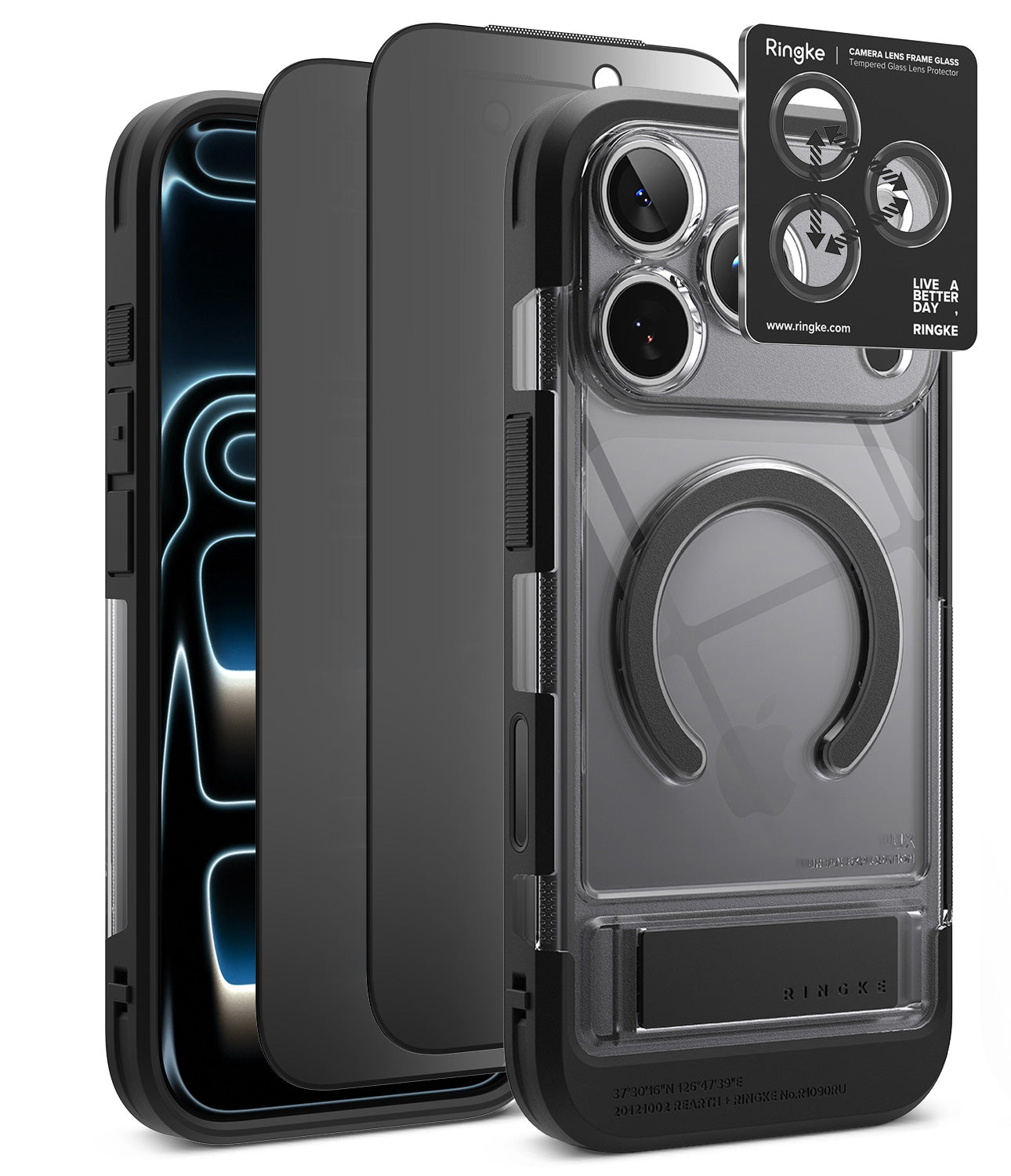 [Bundle] iPhone 18 Pro / Pro Max | UX Magnetic + Privacy Protectors - A transparent and black Ringke phone case with a built-in MagSafe ring, shown alongside a black phone and a small Ringke camera lens protector card on a white background.