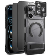 [Bundle] iPhone 18 Pro / Pro Max | UX Magnetic + Privacy Protectors - A transparent and black Ringke phone case with a built-in MagSafe ring, shown alongside a black phone and a small Ringke camera lens protector card on a white background.