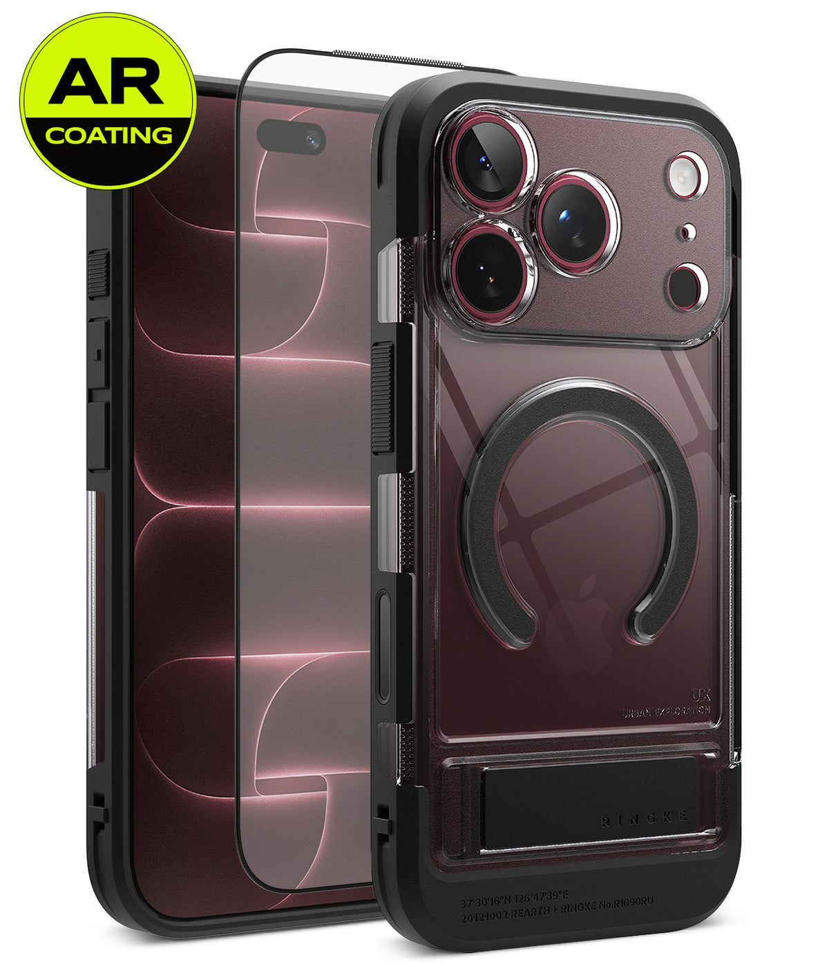 [Bundle] iPhone 18 Pro / Pro Max | UX Magnetic + AR Protectors - A clear AR-coated phone case with a black bumper and magnetic ring, shown alongside two screen protectors with blue light reflections. A yellow circular 'AR COATING' badge is in the top-left corner.