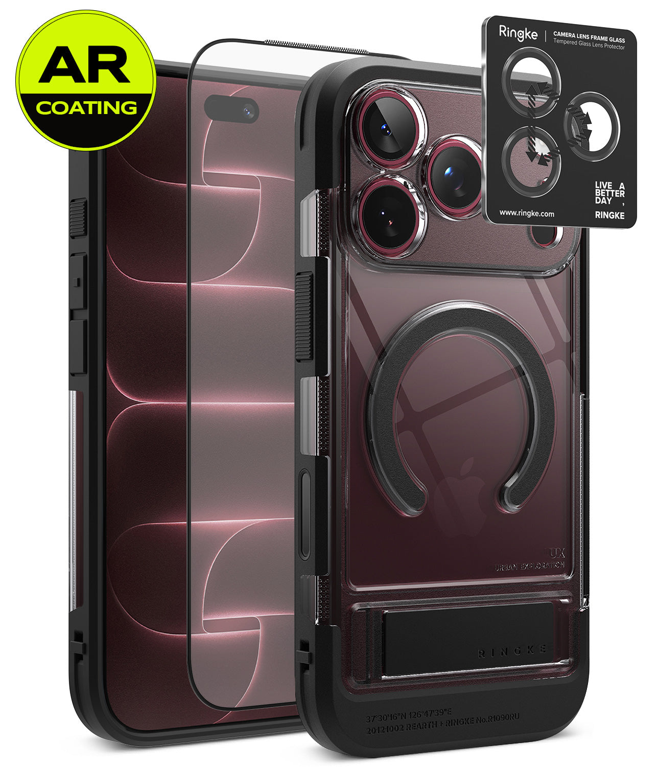 [Bundle] iPhone 18 Pro / Pro Max | UX Magnetic + AR Protectors - A clear protective phone case with a black bumper and MagSafe ring, shown alongside two AR-coated screen protectors and a Ringke camera lens protector sticker. The brand 'SILKCASE' is visible on the bottom of the case.