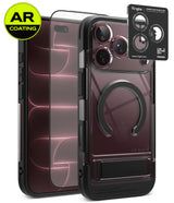 [Bundle] iPhone 18 Pro / Pro Max | UX Magnetic + AR Protectors - A clear protective phone case with a black bumper and MagSafe ring, shown alongside two AR-coated screen protectors and a Ringke camera lens protector sticker. The brand 'SILKCASE' is visible on the bottom of the case.