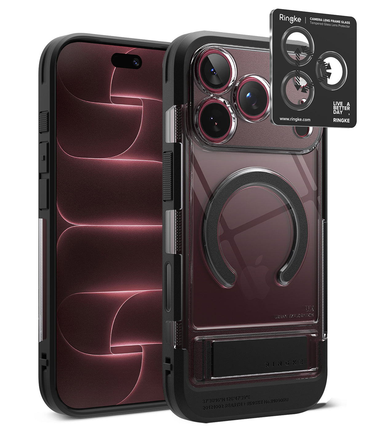 [Bundle] iPhone 18 Pro / Pro Max | UX Magnetic + Protectors - Ringke iPhone case in clear and black, shown from the back with a smartphone inserted, plus a small product detail card for the camera cutout. No person, animal, or real environment is present, so this is Product/Packaging.