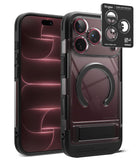 [Bundle] iPhone 18 Pro / Pro Max | UX Magnetic + Privacy Protectors - Ringke iPhone case in clear and black, shown from the back with a smartphone inserted, plus a small product detail card for the camera cutout. No person, animal, or real environment is present, so this is Product/Packaging.