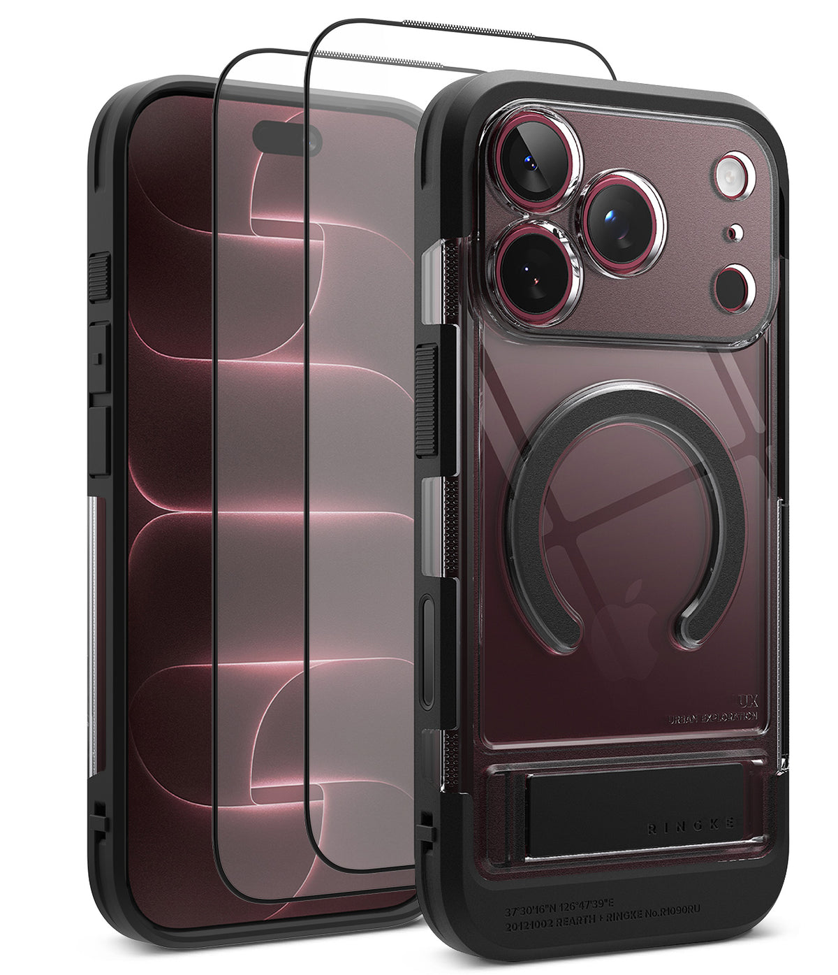 [Bundle] iPhone 18 Pro / Pro Max | UX Magnetic + Protectors - A clear and black protective phone case with a built-in circular MagSafe ring and kickstand, shown alongside two transparent screen protectors with black borders on a white background.