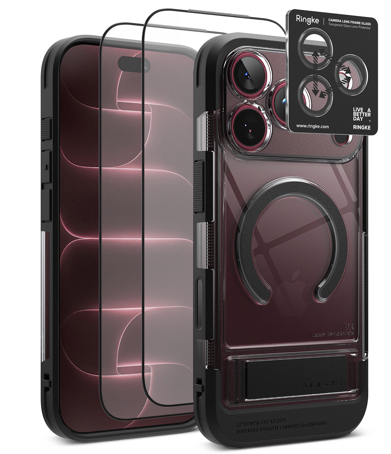 [Bundle] iPhone 18 Pro / Pro Max | UX Magnetic + Protectors - A clear protective phone case with a black bumper frame, shown alongside two transparent screen protectors and a black Ringke camera lens protector card on a white background.