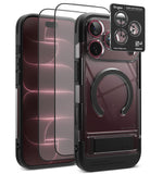 [Bundle] iPhone 18 Pro / Pro Max | UX Magnetic + Protectors - A clear protective phone case with a black bumper frame, shown alongside two transparent screen protectors and a black Ringke camera lens protector card on a white background.