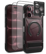 [Bundle] iPhone 18 Pro / Pro Max | UX Magnetic + Protectors - A clear protective phone case with a black bumper frame, shown alongside two transparent screen protectors and a black Ringke camera lens protector card on a white background.
