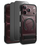 [Bundle] iPhone 18 Pro / Pro Max | UX Magnetic + Privacy Protectors - A clear protective phone case with a black bumper and a circular MagSafe ring, shown on a smartphone. The image displays three views of the case: a back view showing the MagSafe ring and camera cutouts, a side profile view, and a front view showing the transparent back panel.