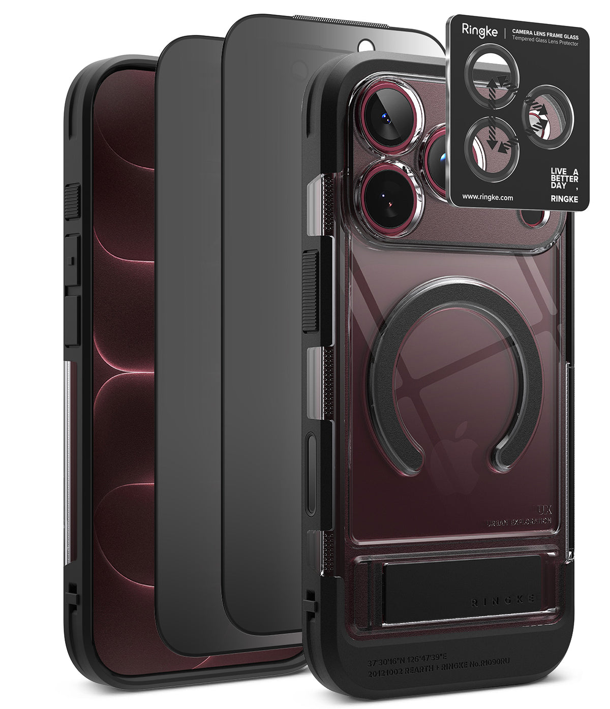 [Bundle] iPhone 18 Pro / Pro Max | UX Magnetic + Privacy Protectors - A transparent and black Ringke phone case with a built-in MagSafe ring, shown alongside a black phone and a small Ringke camera lens protector card on a white background.