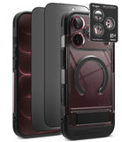 [Bundle] iPhone 18 Pro / Pro Max | UX Magnetic + Privacy Protectors - A transparent and black Ringke phone case with a built-in MagSafe ring, shown alongside a black phone and a small Ringke camera lens protector card on a white background.