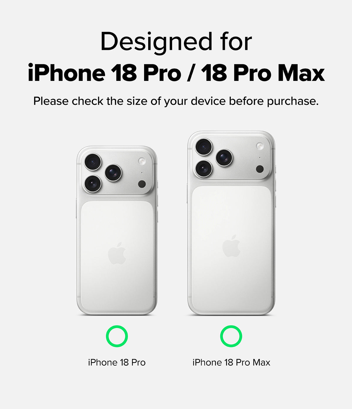 iPhone 18 Pro / 18 Pro Max Camera Protector | Camera Lens Frame Glass (2 Pack) - A compatibility graphic showing two silver iPhones from the back, labeled iPhone 18 Pro and iPhone 18 Pro Max, with text above reading 'Designed for iPhone 18 Pro / 18 Pro Max' and a note to check device size before purchase.