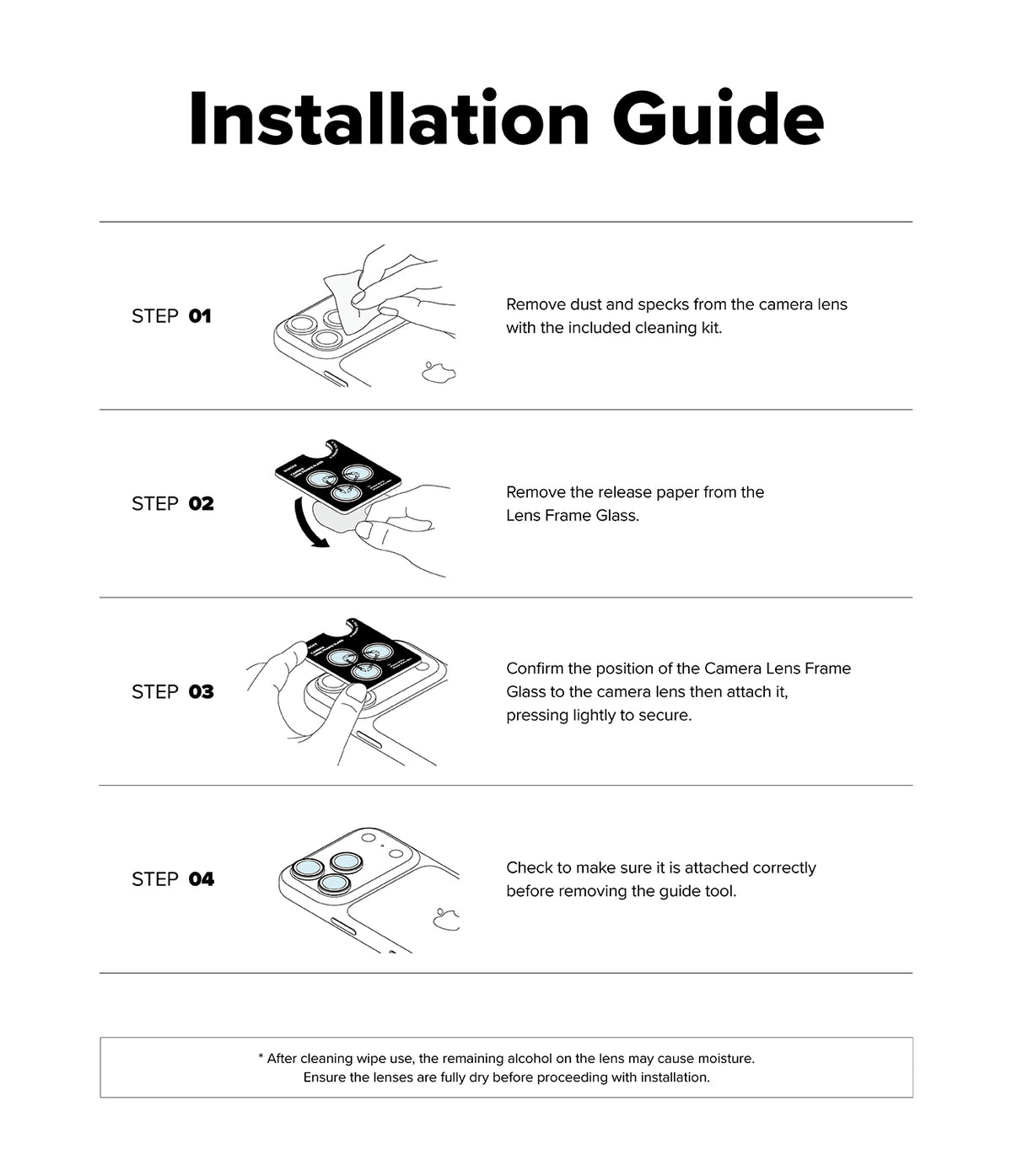 iPhone 18 Pro / 18 Pro Max Camera Protector | Camera Lens Frame Glass (2 Pack) - An installation guide sheet with four numbered steps showing how to attach a camera lens frame to a camera lens, including illustrations and text instructions on cleaning the lens, removing release paper, confirming position, and checking secure attachment.