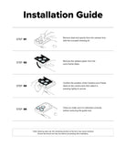iPhone 18 Pro / 18 Pro Max Camera Protector | Camera Lens Frame Glass (2 Pack) - An installation guide sheet with four numbered steps showing how to attach a camera lens frame to a camera lens, including illustrations and text instructions on cleaning the lens, removing release paper, confirming position, and checking secure attachment.