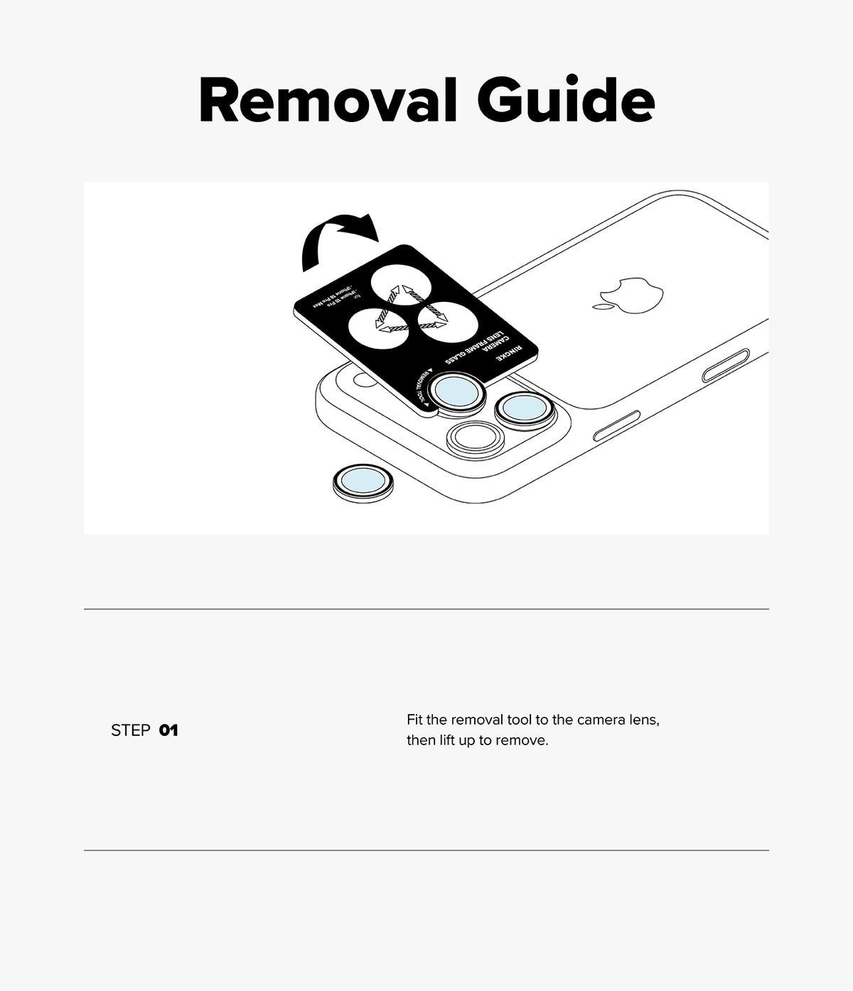 iPhone 18 Pro / 18 Pro Max Camera Protector | Camera Lens Frame Glass (2 Pack) - A removal guide diagram showing a phone camera lens protector being lifted off with a black removal tool, plus text instructions and a step number on a light gray background.