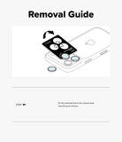 iPhone 18 Pro / 18 Pro Max Camera Protector | Camera Lens Frame Glass (2 Pack) - A removal guide diagram showing a phone camera lens protector being lifted off with a black removal tool, plus text instructions and a step number on a light gray background.