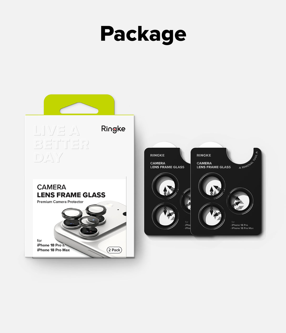 iPhone 18 Pro / 18 Pro Max Camera Protector | Camera Lens Frame Glass (2 Pack) - Ringke camera lens frame glass packaging set on a light gray background, with the text 'Package' above. The set includes a white retail box with a bright green tab and two black individual card packs showing circular lens openings.
