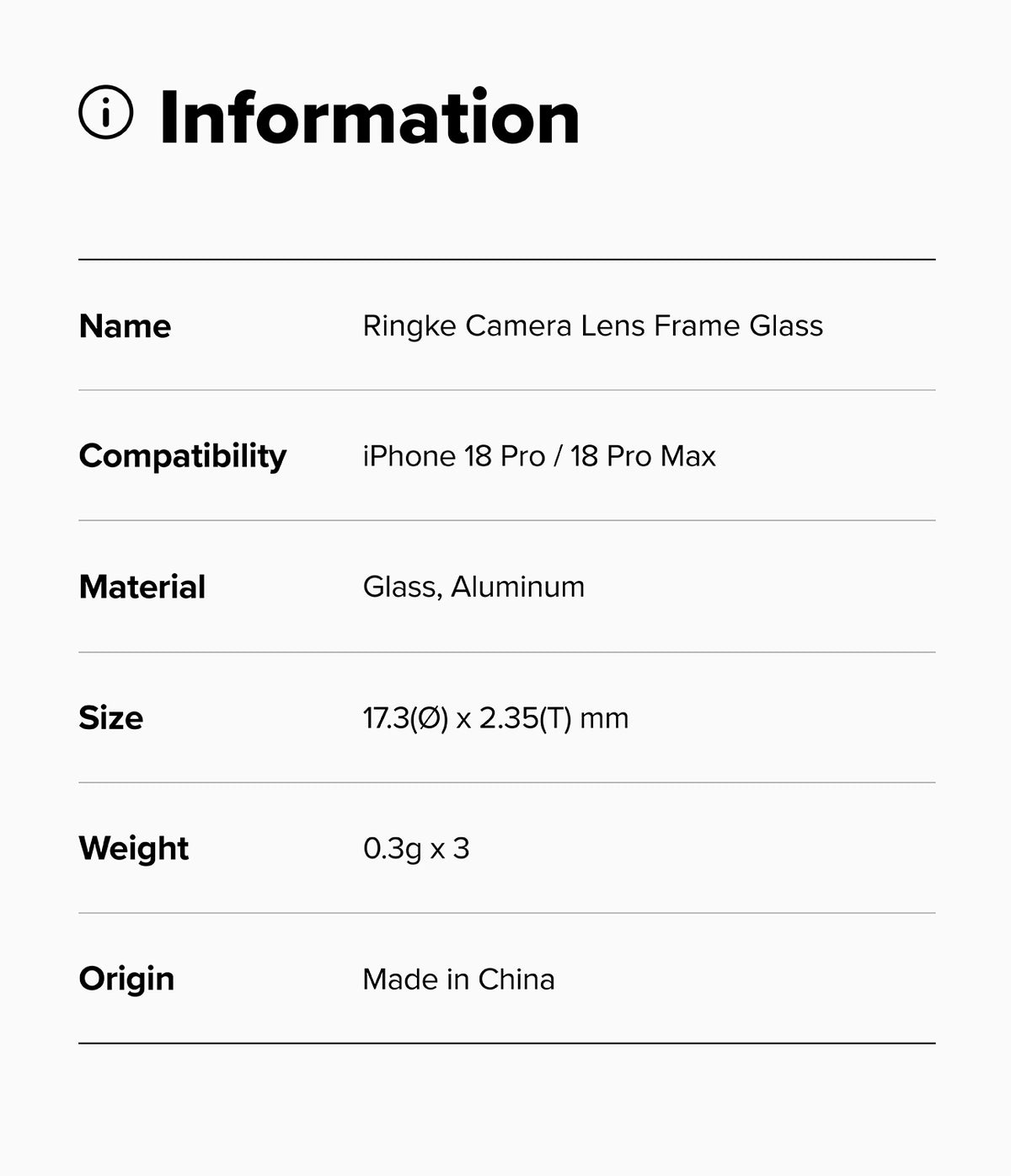 iPhone 18 Pro / 18 Pro Max Camera Protector | Camera Lens Frame Glass (2 Pack) - A light gray information card with black text listing details for Ringke Camera Lens Frame Glass compatible with iPhone 18 Pro / 18 Pro Max, including material, size, weight, and origin.