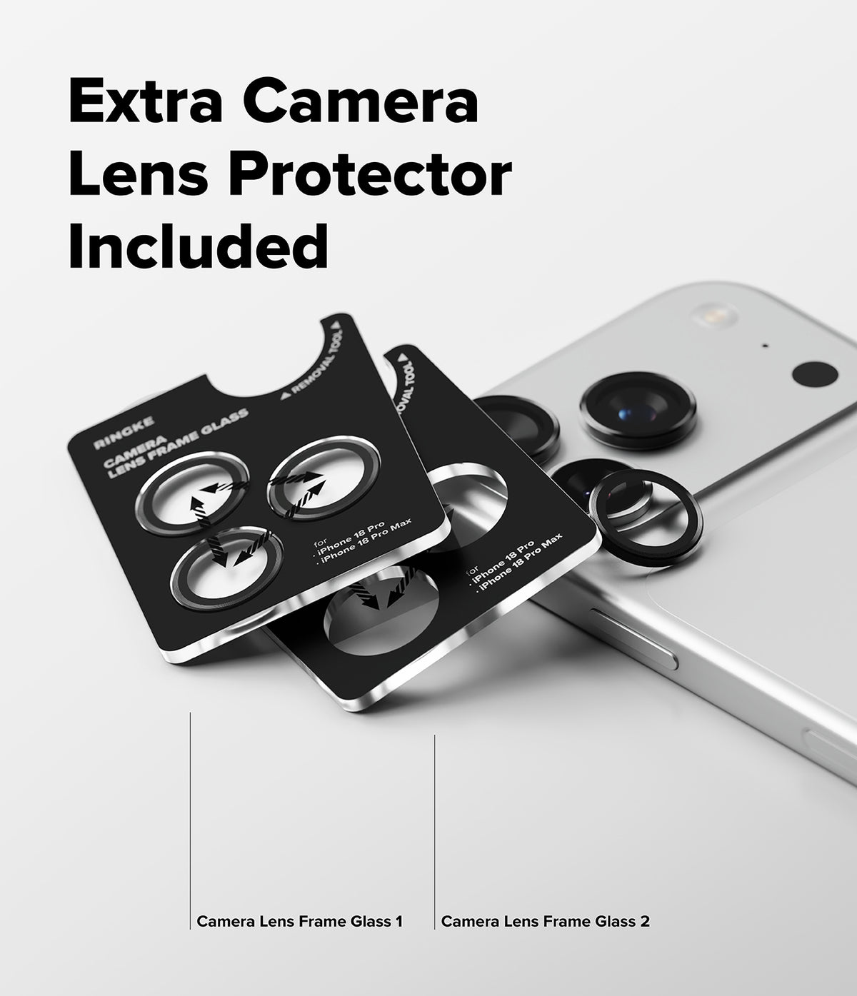 iPhone 18 Pro / 18 Pro Max Camera Protector | Camera Lens Frame Glass (2 Pack) - Two black camera lens frame glass protectors are shown beside a silver smartphone on a light gray background, with text reading 'Extra Camera Lens Protector Included' and labels identifying the two glass types.