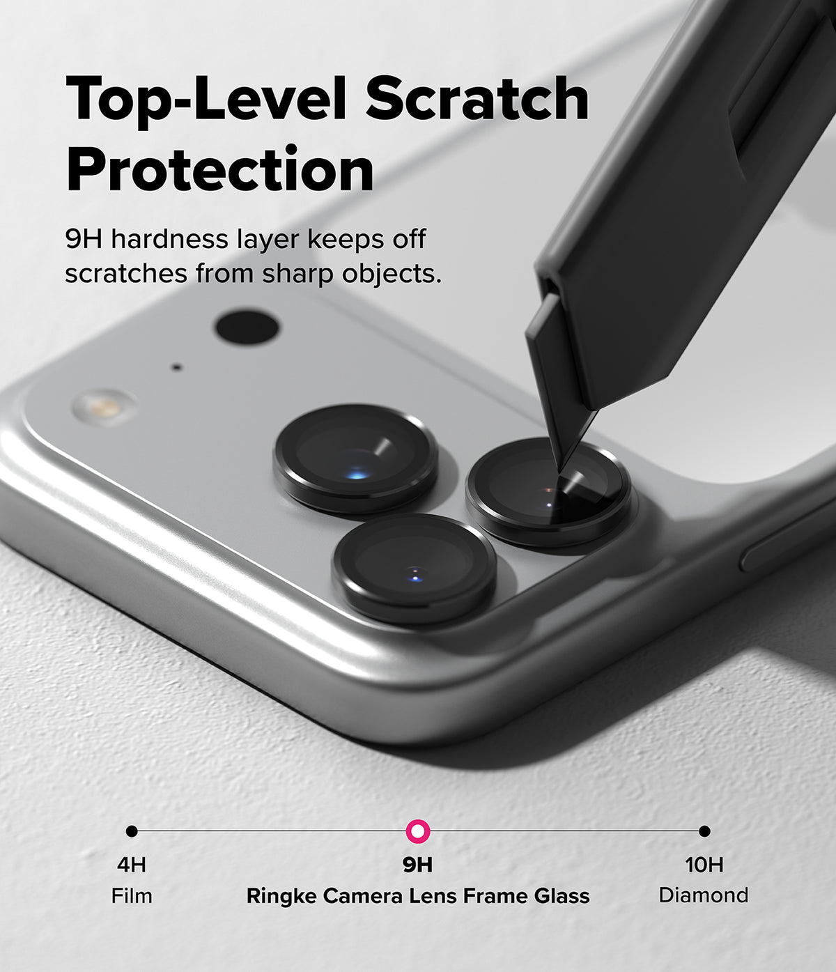 iPhone 18 Pro / 18 Pro Max Camera Protector | Camera Lens Frame Glass (2 Pack) - A close-up promotional graphic showing a smartphone camera area with large circular lens protectors and text reading 'Top-Level Scratch Protection' and '9H hardness layer keeps off scratches from sharp objects.' A stylus is touching one lens protector to demonstrate protection.
