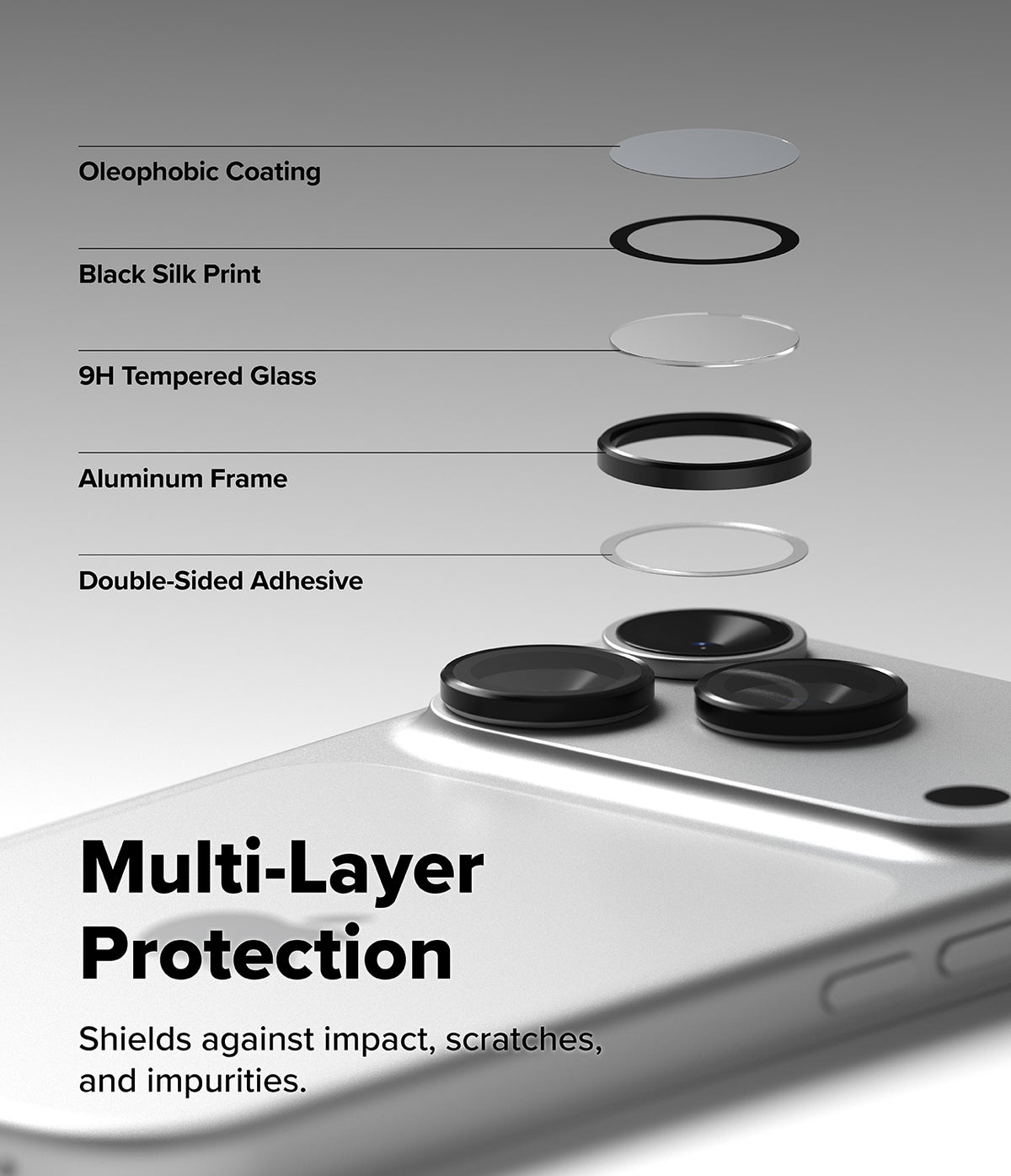 iPhone 18 Pro / 18 Pro Max Camera Protector | Camera Lens Frame Glass (2 Pack) - A close-up of a smartphone camera area with layered protective film pieces shown above and text listing features: oleophobic coating, black silk print, 9H tempered glass, aluminum frame, and double-sided adhesive. Large text reads 'Multi-Layer Protection' and 'Shields against impact, scratches, and impurities.
