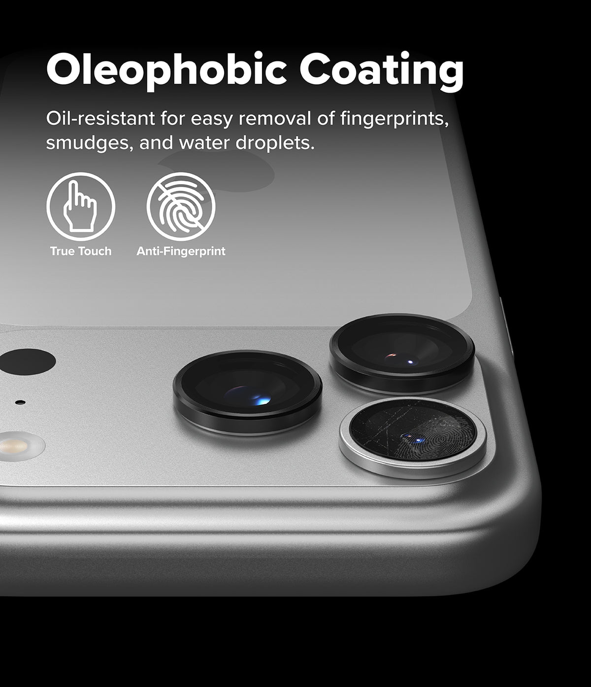 iPhone 18 Pro / 18 Pro Max Camera Protector | Camera Lens Frame Glass (2 Pack) - Phone with camera lens cover and text about oleophobic coating on a black background