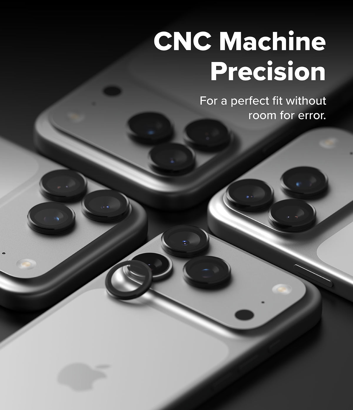iPhone 18 Pro / 18 Pro Max Camera Protector | Camera Lens Frame Glass (2 Pack) - Several silver smartphones shown at an angle on a dark background, with white text reading 'CNC Machine Precision' and smaller text 'For a perfect fit without room for error.' The image appears to be a promotional graphic for phone camera lens accessories or a fitment product rather than a clean standalone product shot.