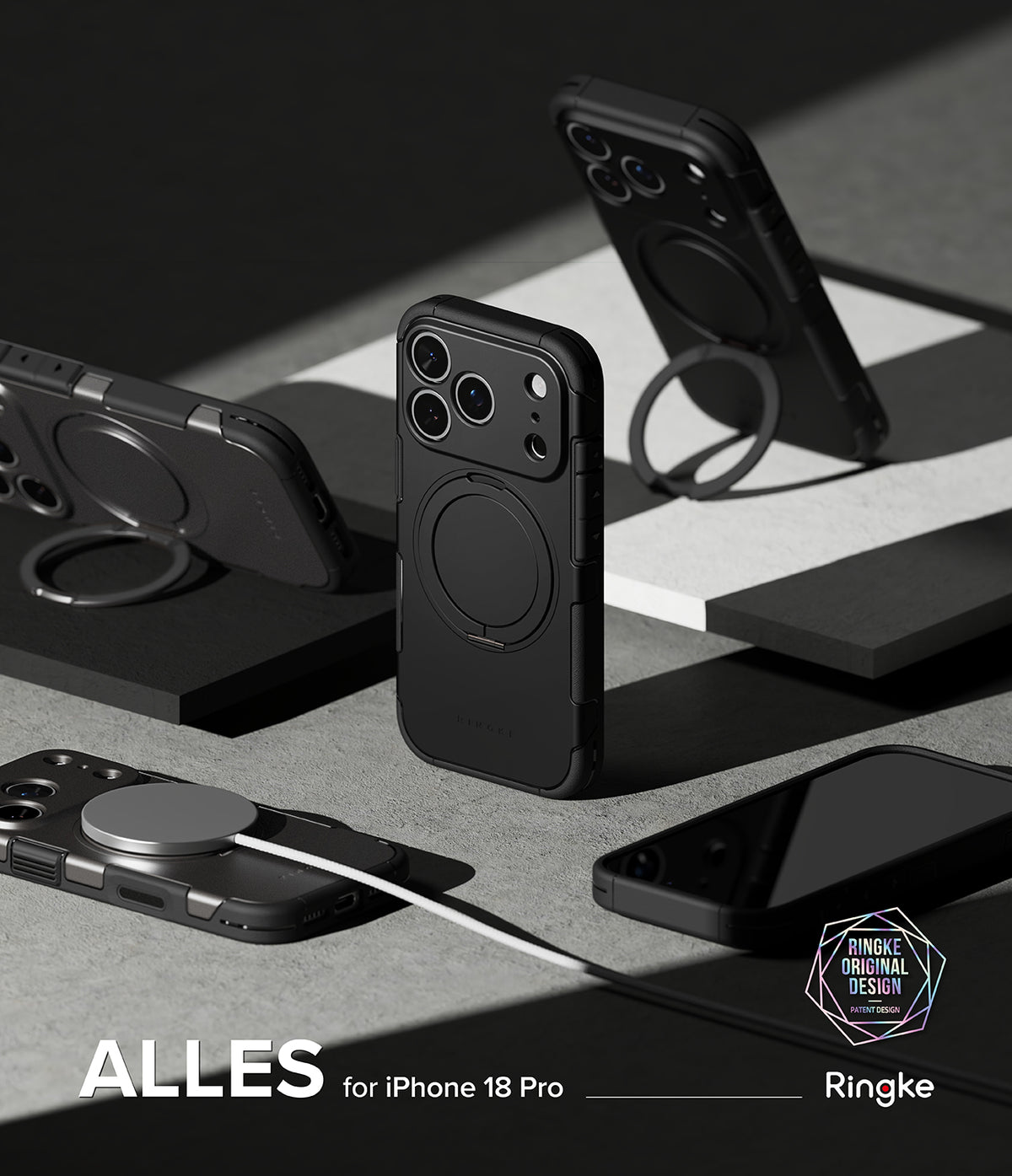 iPhone 18 Pro Case | Alles - Black phone cases and accessories on a gray surface with 'ALLES' branding.