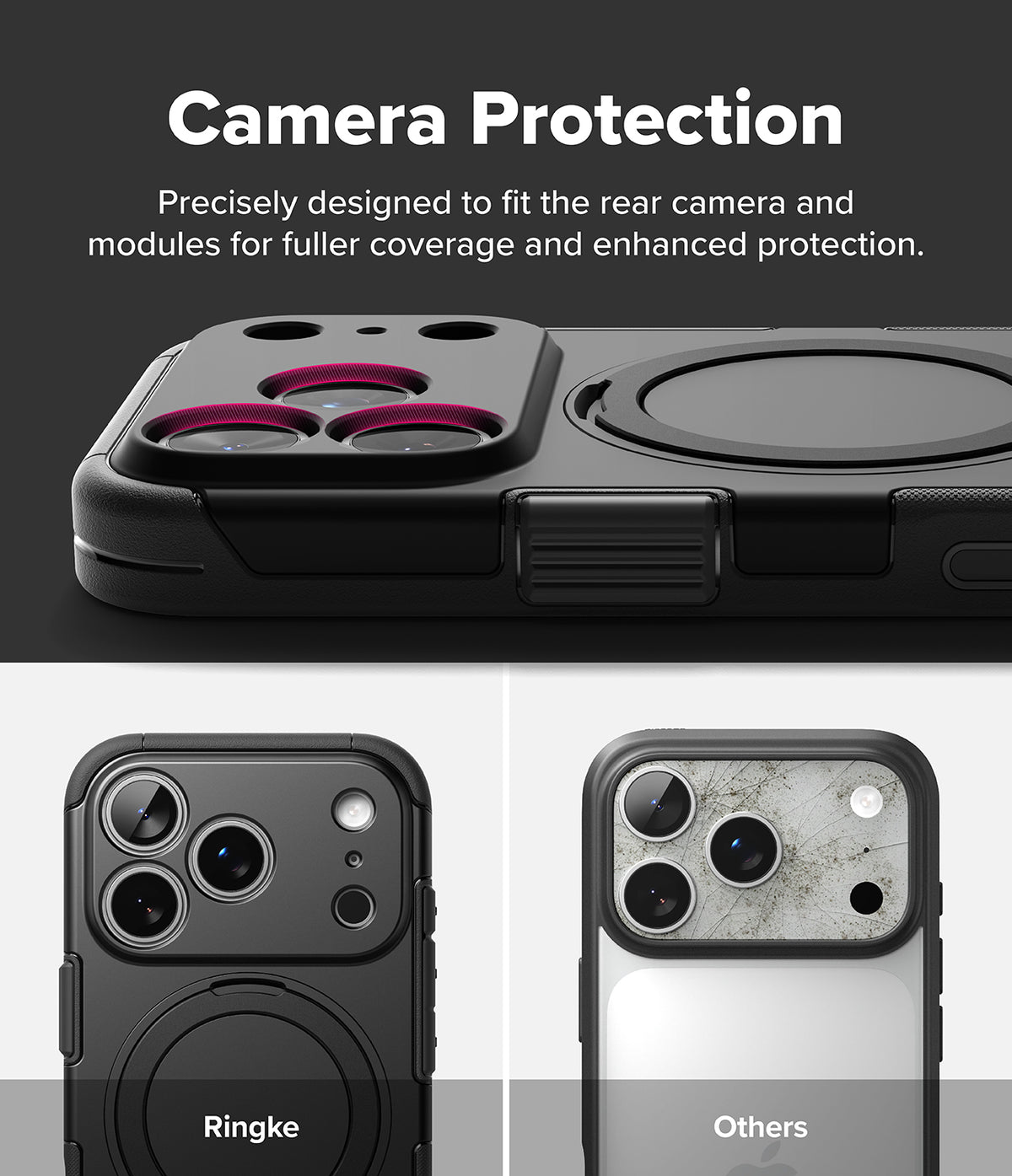 iPhone 18 Pro Case | Alles - Black phone case with a raised camera protection module and circular MagSafe ring, shown on a phone from the back. The image includes text reading 'Camera Protection' and two smaller examples at the bottom labeled 'Ringke' and 'Others' showing the case fitted on different phone back finishes.