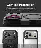 iPhone 18 Pro Case | Alles - Black phone case with a raised camera protection module and circular MagSafe ring, shown on a phone from the back. The image includes text reading 'Camera Protection' and two smaller examples at the bottom labeled 'Ringke' and 'Others' showing the case fitted on different phone back finishes.