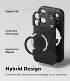 iPhone 18 Pro Case | Alles - Black magnetic phone case with a circular ring stand and camera cutout, shown on a light gray background with text labels describing its features: Flexible TPU, Hard PC & PU Coating, and Neodymium Magnet.
