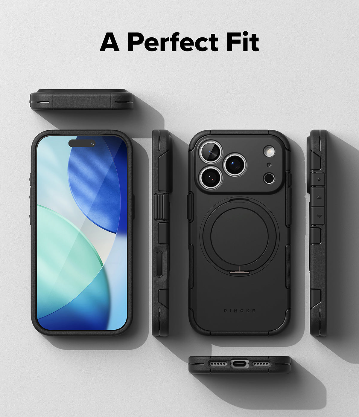 iPhone 18 Pro Case | Alles - A black protective phone case shown from multiple angles on a light gray background, with the text 'A Perfect Fit' at the top. The case is displayed alongside a smartphone to demonstrate compatibility.