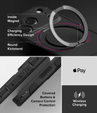 iPhone 18 Pro Case | Alles - A black protective phone case with a built-in metallic ring kickstand, shown in a multi-panel infographic. The top panel features a close-up of the ring stand and labels pointing out 'Inside Magnet', 'Charging Efficiency Design', and 'Round Kickstand'.