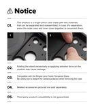 iPhone 18 Pro Case | Alles - A printed notice sheet with text and two small photos showing how to separate and reassemble a black camera lens protector case. The header reads 'Notice' with numbered instructions and warning text.
