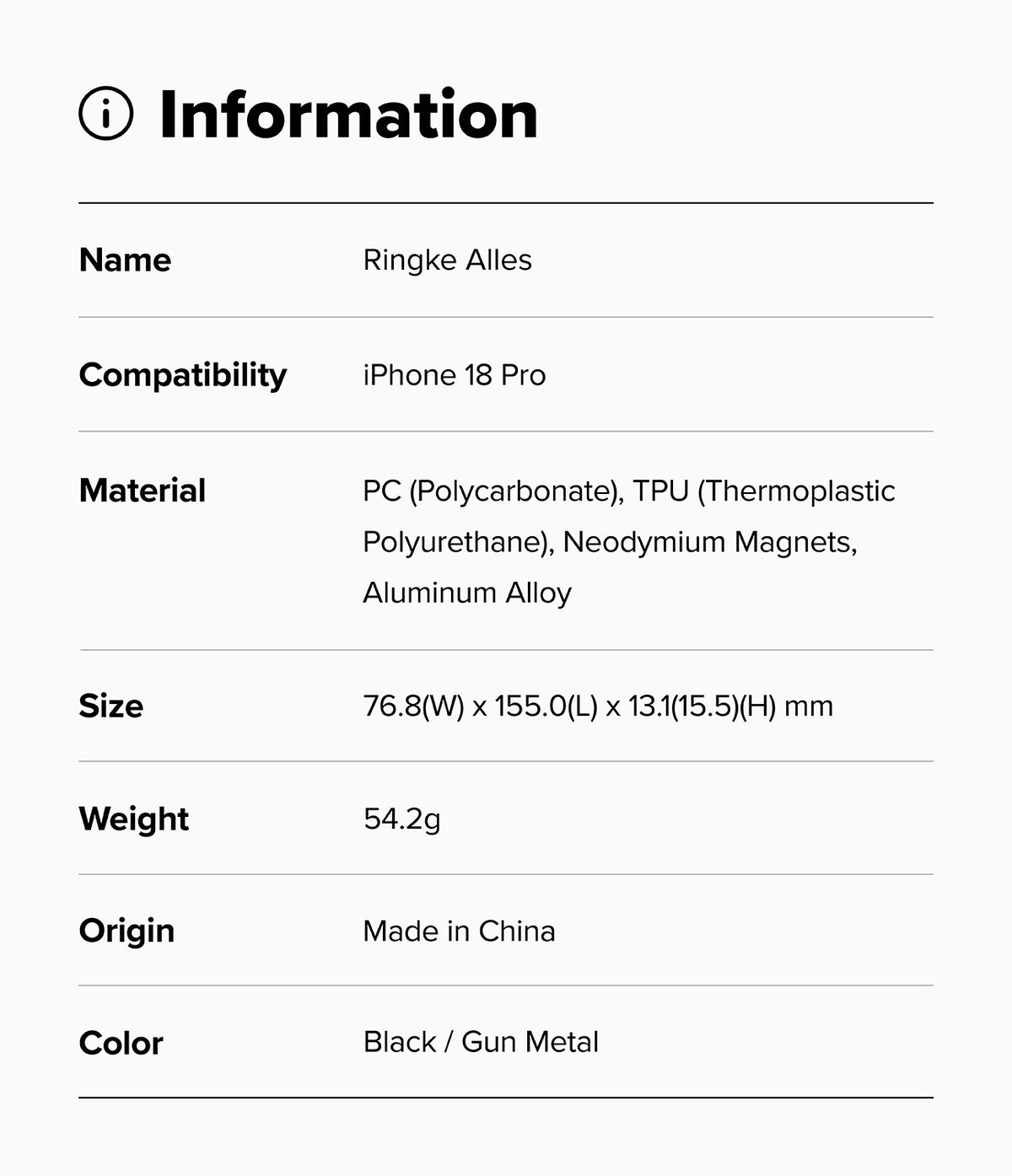 iPhone 18 Pro Case | Alles - Product information card for Ringke Alles case with specifications on a white background