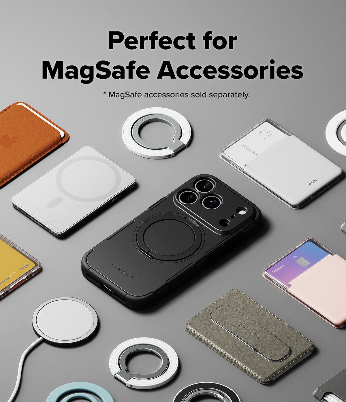 iPhone 18 Pro Case | Alles - A black MagSafe-compatible phone case with a circular magnetic ring, shown among other MagSafe accessories on a gray background. Text at the top reads 'Perfect for MagSafe Accessories' with a note that MagSafe accessories are sold separately.