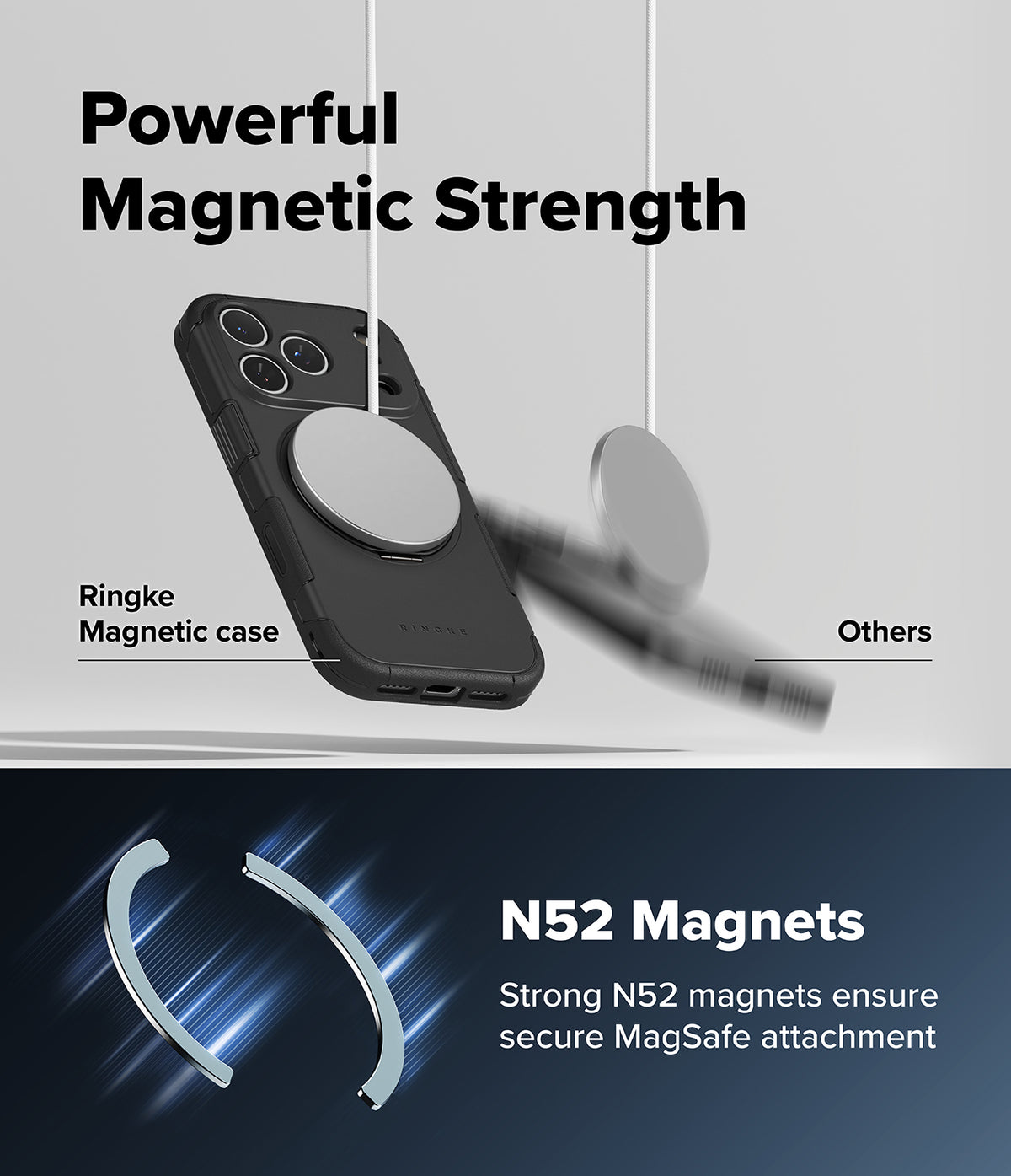 iPhone 18 Pro Case | Alles - Promotional graphic for a black Ringke magnetic phone case with a large circular MagSafe-compatible ring. The top half shows the case with a blurred magnetic attachment and text reading 'Powerful Magnetic Strength' and 'Ringke Magnetic case' vs 'Others.