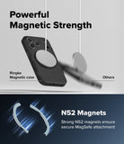 iPhone 18 Pro Case | Alles - Promotional graphic for a black Ringke magnetic phone case with a large circular MagSafe-compatible ring. The top half shows the case with a blurred magnetic attachment and text reading 'Powerful Magnetic Strength' and 'Ringke Magnetic case' vs 'Others.