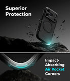 iPhone 18 Pro Case | Alles - A dark gray rugged phone case with a circular magnetic ring is shown floating above a rocky surface, with text reading 'Superior Protection' and 'Impact-Absorbing Air Pocket Corners.' The lower panel shows a close-up of the curved corner protection with glowing cyan accents.