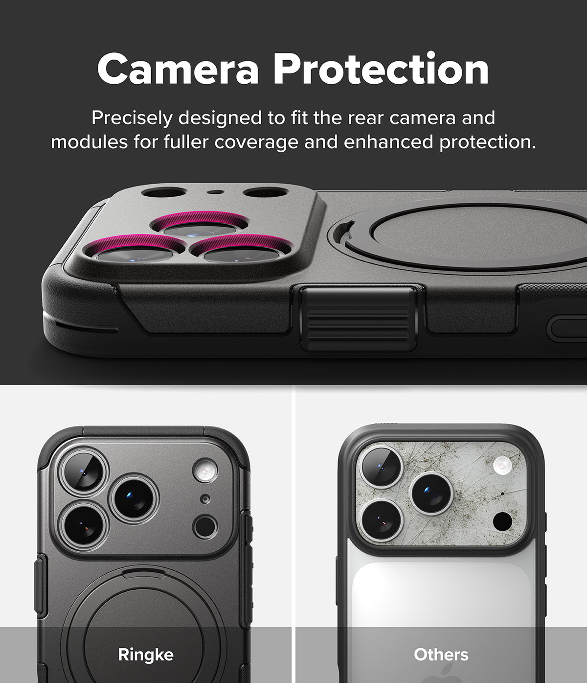 iPhone 18 Pro Case | Alles - Black phone case with a built-in circular magnetic ring and raised camera protection, shown on a phone from the back. The top section has text reading 'Camera Protection' and the bottom shows two smaller examples labeled 'Ringke' and 'Others' on different phone backs.