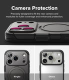iPhone 18 Pro Case | Alles - Black phone case with a built-in circular magnetic ring and raised camera protection, shown on a phone from the back. The top section has text reading 'Camera Protection' and the bottom shows two smaller examples labeled 'Ringke' and 'Others' on different phone backs.