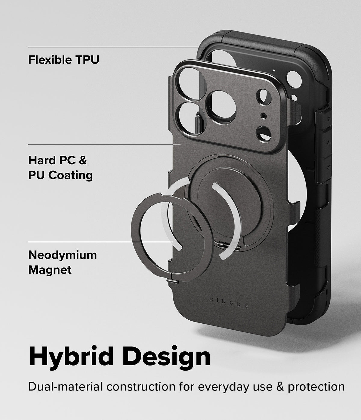 iPhone 18 Pro Case | Alles - A black hybrid phone case with a circular magnetic ring and camera cutout, shown on a light gray background with text labels describing its features: Flexible TPU, Hard PC & PU Coating, and Neodymium Magnet.