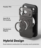 iPhone 18 Pro Case | Alles - A black hybrid phone case with a circular magnetic ring and camera cutout, shown on a light gray background with text labels describing its features: Flexible TPU, Hard PC & PU Coating, and Neodymium Magnet.