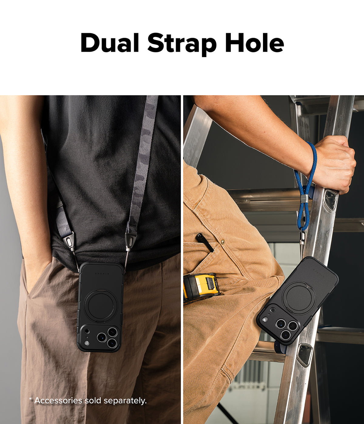 iPhone 18 Pro Case | Alles - A split-panel product demonstration showing a black phone case with a circular MagSafe ring and a dual-strap system. The left panel shows the case hanging from a black shoulder strap worn by a person in a black shirt and brown pants.
