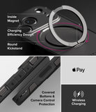 iPhone 18 Pro Case | Alles - A black phone case with a built-in circular kickstand and camera button cover, shown in a multi-panel marketing graphic. The top panel shows the kickstand in an open position with labels pointing to 'Inside Magnet', 'Charging Efficiency Design', and 'Round Kickstand'.